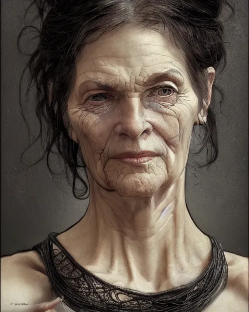 Image similar to portrait 6 0 - year - old woman, tall, severe - looking, with dark hair tied up in a bun, wearing black clothes, hyper realistic face, beautiful eyes, fantasy art, in the style of greg rutkowski, intricate, alphonse mucha, hyper detailed, smooth