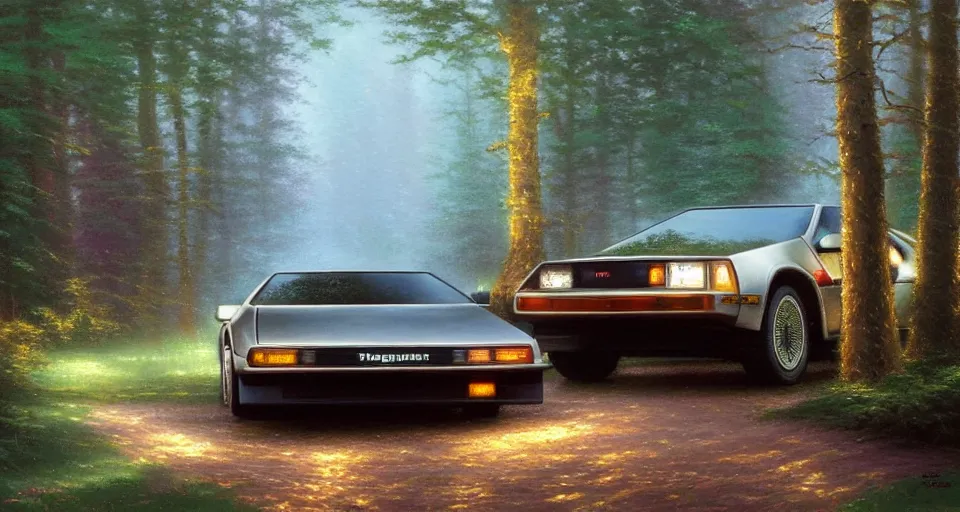 Prompt: thomas kinkade painting of a delorean in the woods, mood lighting