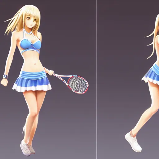 Image similar to full body shot : a very beautiful young blond tennis anime girl, sky blue eyes,, bikini, miniskirt, highly detailed, cinematic wallpaper by stanley artgerm lau