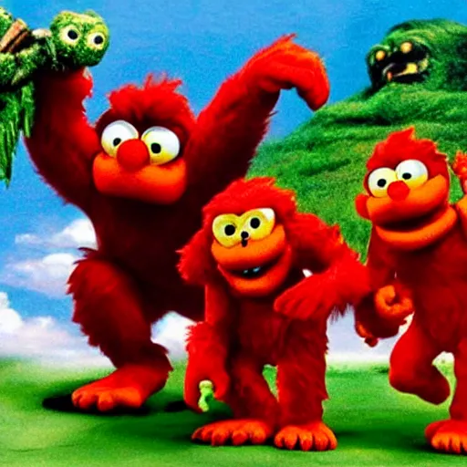 Prompt: 3 headed elmo fights king kong