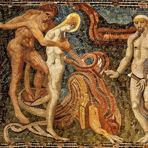 Image similar to a beautiful roman mosaic of adam, eve and the serpent by leonardo da vinci, rome, 1 5 0 0 ad