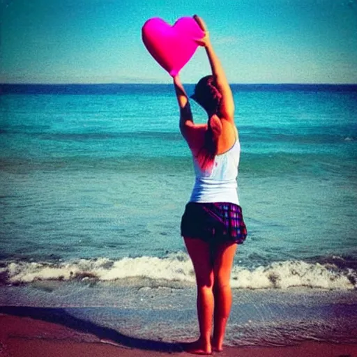 Image similar to “a college girl taking a selfie on the beach with lots of hearts in the air”