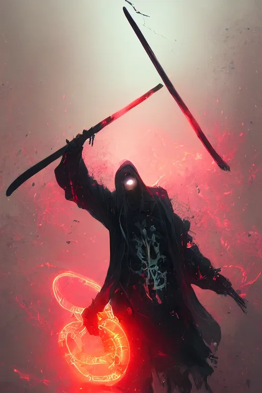 Image similar to portrait of a neon grim reaper wielding a scythe, visible aura of madness distorting the surroundings, occult details, greg rutkowski style, high quality, 8 k,