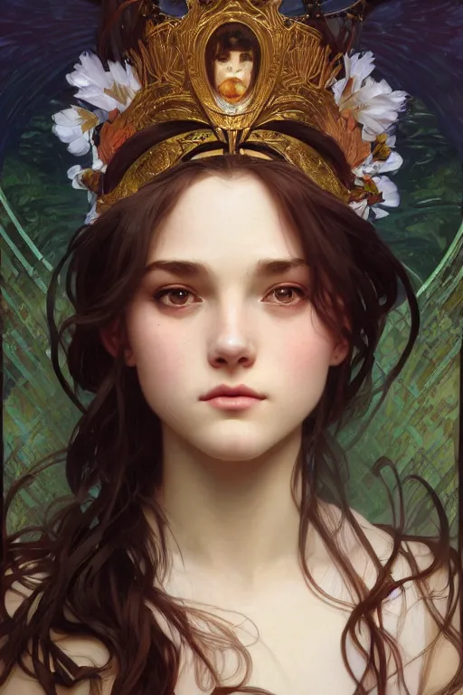 Prompt: portrait of a teen goddess, detailed gorgeous face, garce, medium shot, rimming light, alphonse mucha, artgerm lau, greg rutkowski