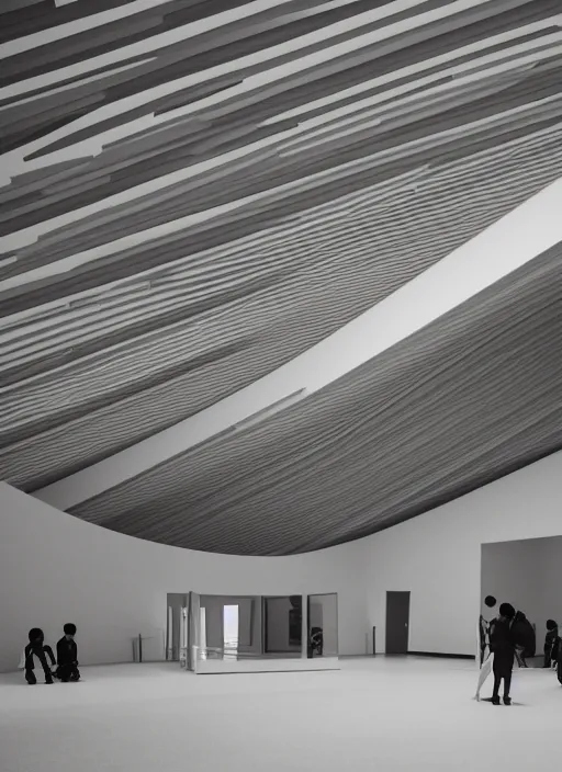 Image similar to a blacka and white painting of the interior of teshima art museum