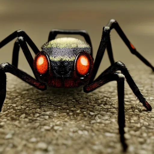 Prompt: a beautiful high - quality photo of a large spider walking through a solarpunk city, roads, pavements, trees, volumetric lighting, hyperrealistic, 8 k