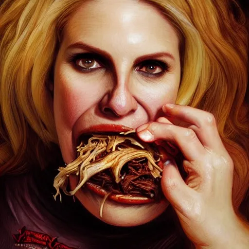 Image similar to Morbidly Obese Ann Coulter eating pulled pork sandwich oozing bbq sauce, closeup, D&D, fantasy, intricate, elegant, highly detailed, digital painting, artstation, concept art, matte, sharp focus, illustration, art by Artgerm and Greg Rutkowski and Alphonse Mucha