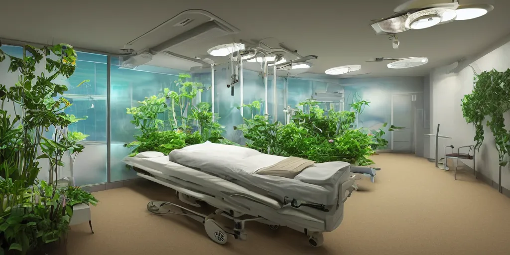 Prompt: a hospital room inside an aquarium where plants are visible, cinematic lighting, sun, jellyfishes, glass, reflection, trending on artstation, glare, empty beds