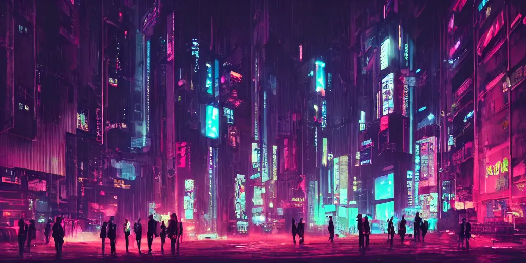 Image similar to a group of people standing outside of a building, cyberpunk art by liam wong, cgsociety, retrofuturism, glowing neon, neon, matte painting