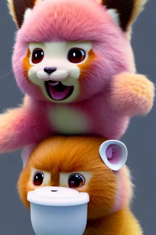 Image similar to high quality 3 d render hyperrealist very cute pastel fluffy! red panda & tarsier hybrid eating giant ice cream full body, vray smooth, in the style of detective pikachu, hannah yata charlie immer, dramatic pink light, low angle, uhd 8 k, sharp focus