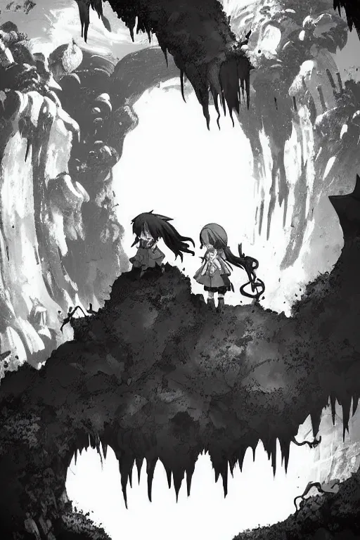 Image similar to overgrown cave, deep abyss cave manga background black and white, in style of made in abyss, no humans,