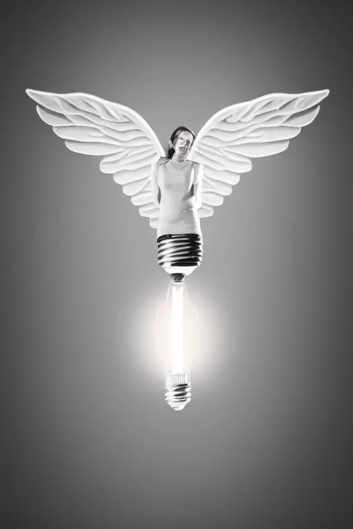 Prompt: an empty light bulb, with a woman trapped inside of it. the woman has wings.