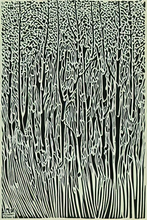 Image similar to reaction diffusion artwork of a winter forest, reaction diffusion linocut, as reaction diffusion