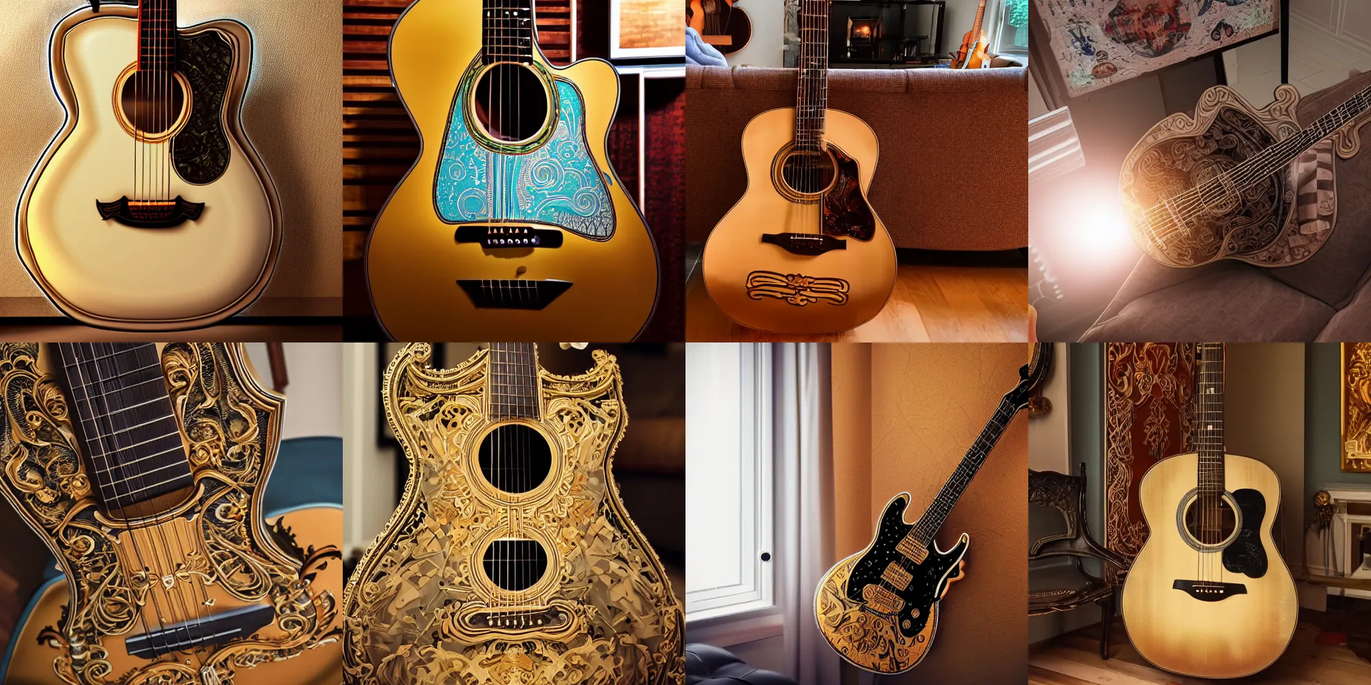 Prompt: Guitar in a livingroom,light during golden hour, 8K, Ray Tracing Reflections, insanely detailed and intricate, hypermaximalist, elegant, ornate, hyper realistic, super detailed