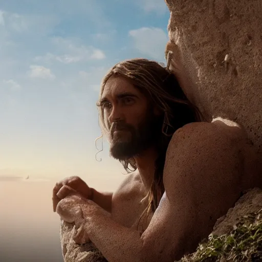 Image similar to Jesus Christ’s head sticking out from a tomb in a cliff side, cinematic perspective, movie shot, 8k, full hd