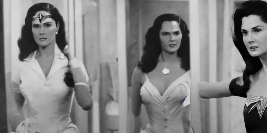 Prompt: ultra wide angle photo of young linda carter dressed in a white blouse and black dress pants as diana prince looking at herself in a bathroom mirror and seeing her reflection as wonder woman