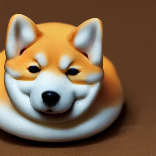 Image similar to a delicious steamed bun in the shape of a shiba inu. studio lighting, high resolution, high quality, dark background