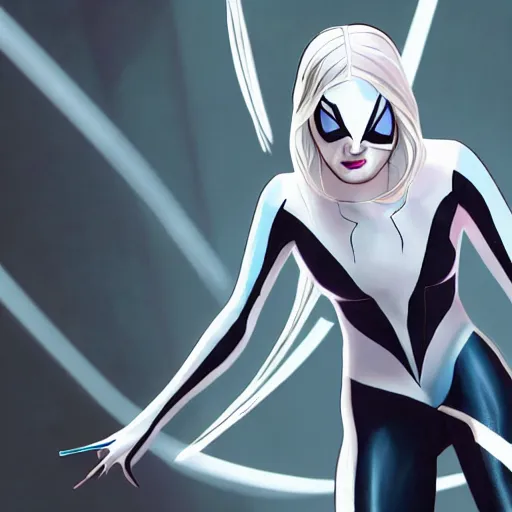 Prompt: Margot Robbie as Spider Gwen, photo realistic, movie scene, dynamic lighting