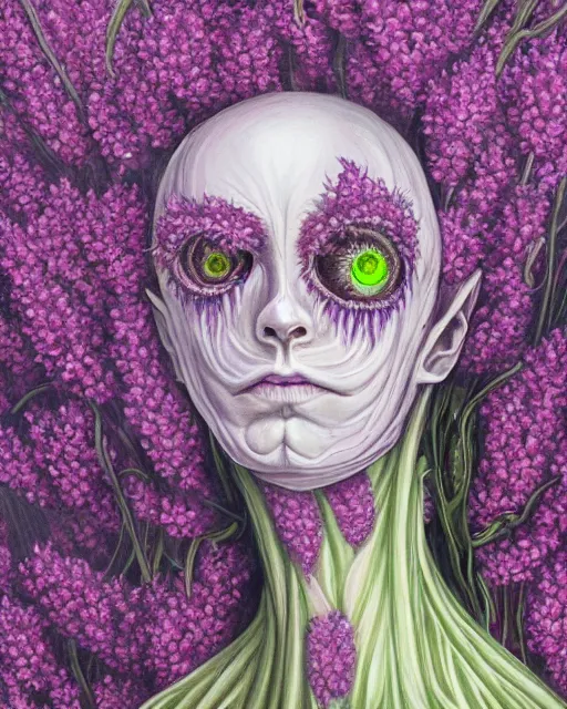 Image similar to Haunting horrifying detailed painting of a tall skinny extraterrestrial flower monster made of lilacs, roses, lilies and daffodils, light leak, spectrum, and bloodshot eyeballs, hyper detailed, trending on Artstation