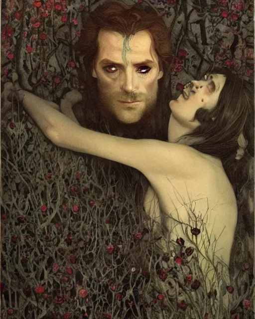 Prompt: a handsome but sinister and creepy man in layers of fear, with haunted eyes, violence in his eyes, ethically ambiguous, 1 9 7 0 s, seventies, delicate embellishments, a little blood, woodland, moonlight shining on wildflowers, painterly, offset printing technique, by alexandre cabanel