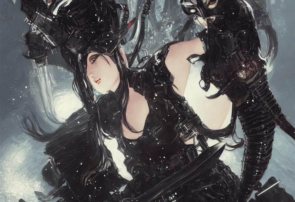 Image similar to portrait ninja gaiden girl, armored black shiny ninja wardrobe, at snowy fuji mountain moonlight, ssci - fi and fantasy, intricate and beautiful and highly detailed, digital painting, artstation, concept art, smooth and sharp focus, illustration, art by tian zi and wlop and alphonse mucha