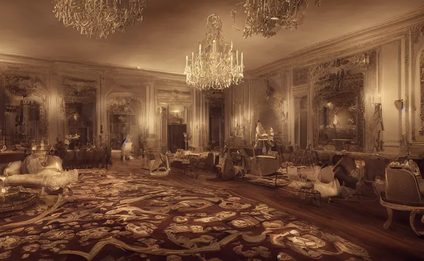 Image similar to realist digital painting of a 1 9 2 0 s grand party in a beautiful mansion, many partygoers, strong contrast, unreal engine, hyper realism, realistic shading, cinematic composition, realistic render, octane render, detailed textures, photorealistic, ultrawide shot, 3 5 mm film