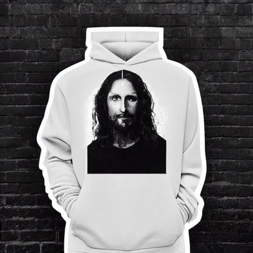 Image similar to portait of jesus in virgil abloh hoodie streetwear by nicola samori, off - white style