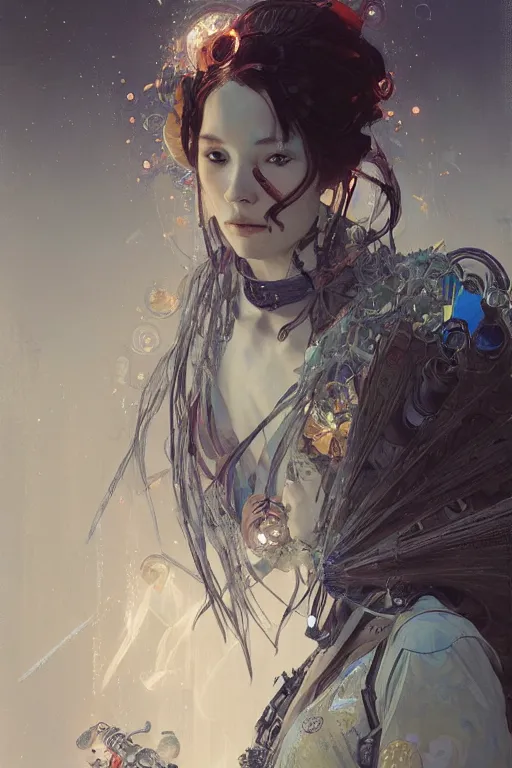 Prompt: A full portrait of a powerful beautiful futuristic dystopian junktown Japanese techromancer sorcerer enchanter, intricate, elegant, highly detailed, digital painting, artstation, concept art, smooth, sharp focus, illustration, art by Krenz Cushart and Artem Demura and alphonse mucha