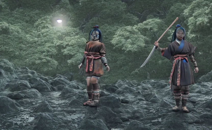 Image similar to highly detailed 3 d render of native japanese woman shinobi warrior standing in wet japanese village from sengoku period, surrounded by dense rock formations, high in mountains, blue night, cinematic lighting, raytracing, high contrast