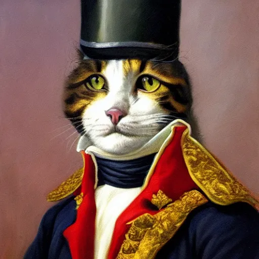 Prompt: a oil painting of a cat dressed as Napoleon