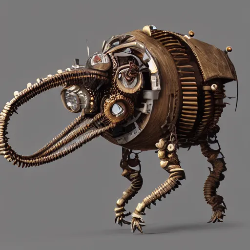 Prompt: 2d game art side view of mechanical steampunk worm with teeth, full body view, game character design, articulated joints, detailed, blank background, 8k, octane render, unreal engine, trending on artstation