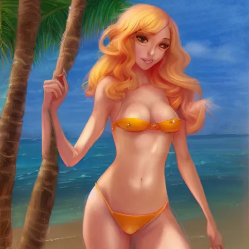 Image similar to beautiful princess peach in a bikini on the beach drawn by charlie bowater