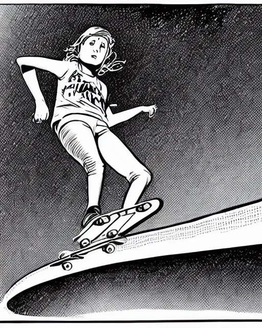 Prompt: wide shot of a young pretty skater skateboard skateboarder 1985 skatergirl style, graphic novel art by Jean Giraud, black and white, pastel color, neon color