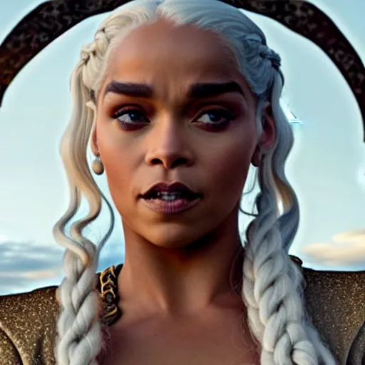 Image similar to rhianna as daenerys targaryen, golden hour, cinematic