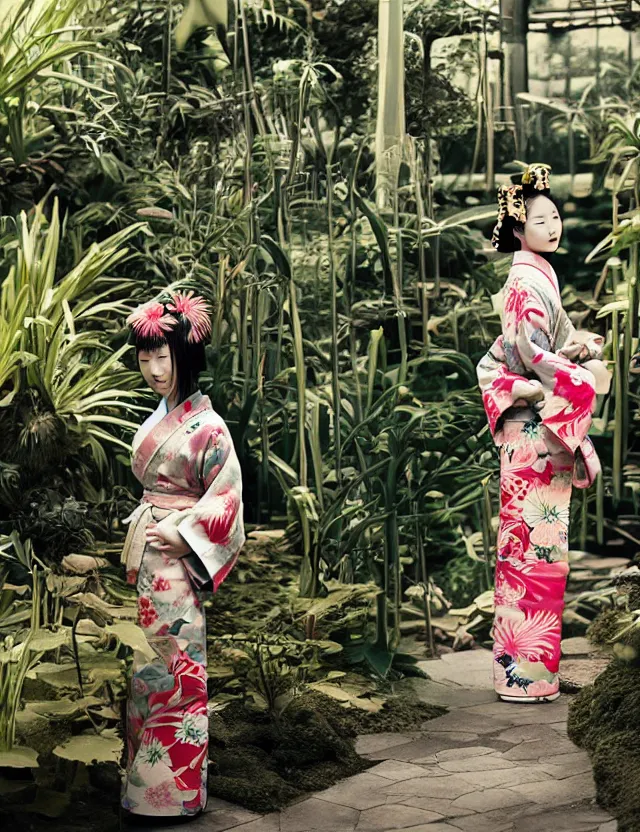 Image similar to fashion photograph of a beautiful Japanese woman wearing a traditional kimono in a tropical greenhouse, by Annie Leibowitz, by Alessio Albi, extremely detailed, large format camera, Kodak Portra film, 85mm lens, bokeh, blurred background, photorealistic, trending on instagram, trending on artstation