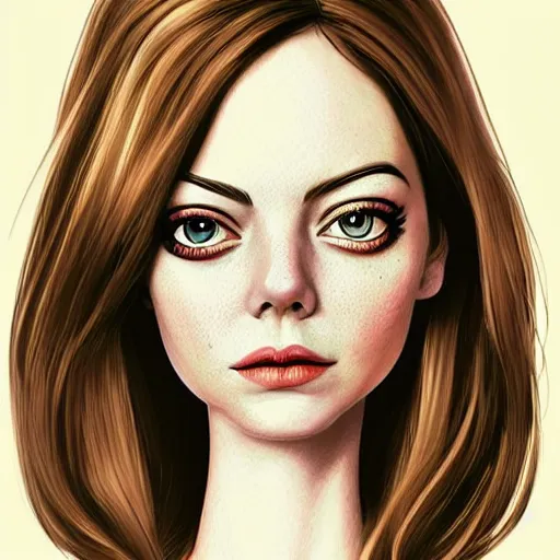 Prompt: emma stone portrait, cartoon face, doll face, glam, character art, digital illustration, big eyes, triangular face, semirealism, ealistic shaded perfect face, fine details, realistic shaded lighting, poster by samdoesarts sam yang