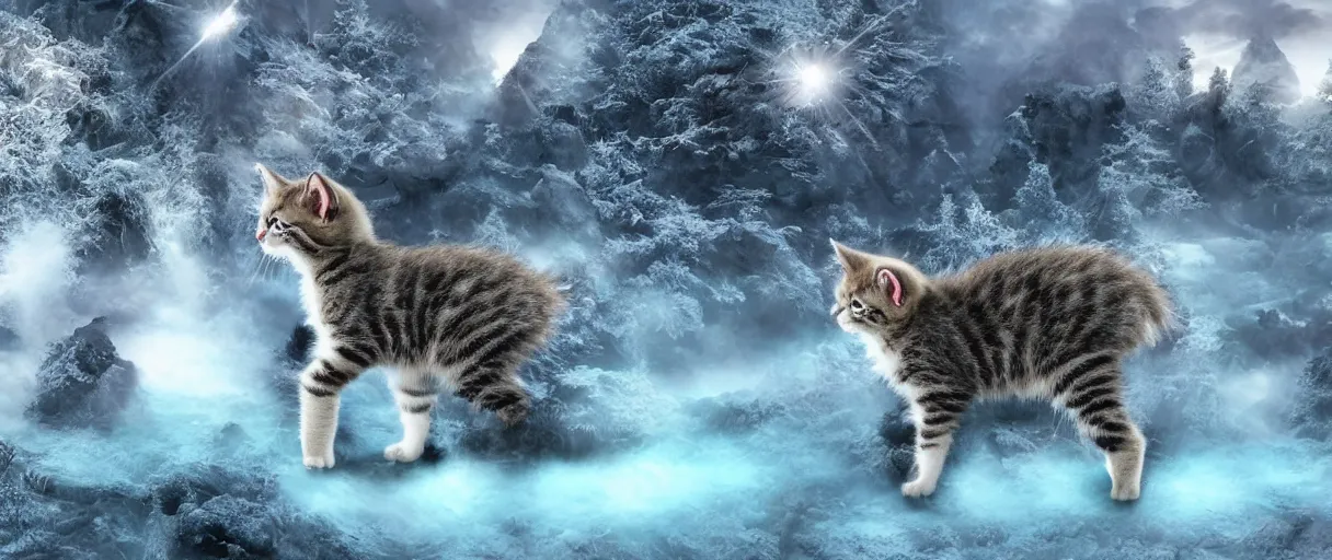 Image similar to Kitten army realistic 4k HD fantasy world water trees mountains ice snow fog