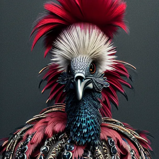 Prompt: portrait of an punk rock rooster, intricate. detailed, octane render, trending on artstation, hyper realism, 4k.