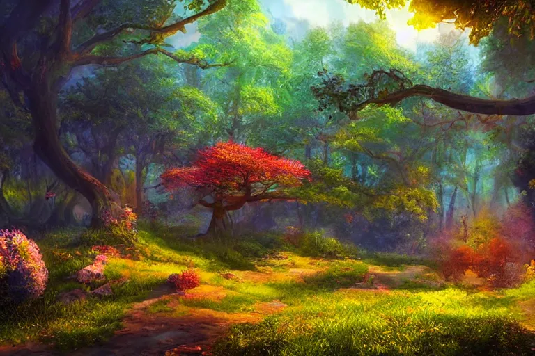 Prompt: Landscape of a beautiful enchanted fantasy world. Colorful. Cinematic lighting. Photorealism.