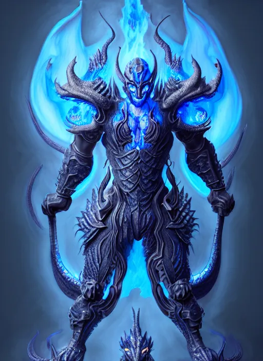 Image similar to muscular and tall blue ghostly fire humanoid dragon!!!! draconian!! intricate ornate iridescent heavy armor!! character concept art, sharp focus, octane render! unreal engine 5! highly rendered!! trending on artstation!! detailed linework!! illustration by artgerm, wlop, and chie yoshii