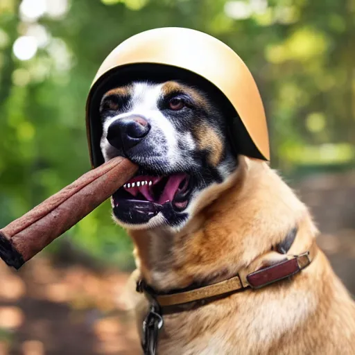 Prompt: dog with military helmet and cigar in mouth