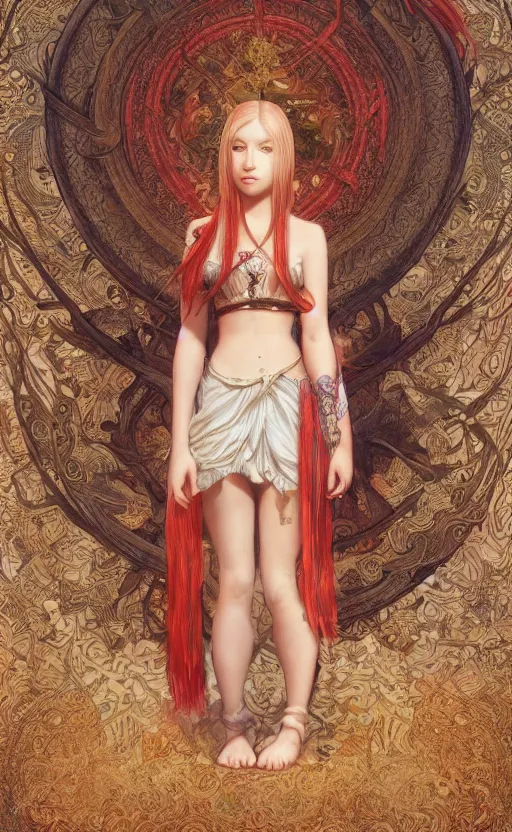 Image similar to full body shot of a young girl with blond twin tail hair and red eyes standing in front of a tapestry, ultra realistic, concept art, intricate details, eerie, highly detailed, photorealistic, octane render, 8 k, unreal engine, art by artgerm and greg rutkowski and alphonse mucha