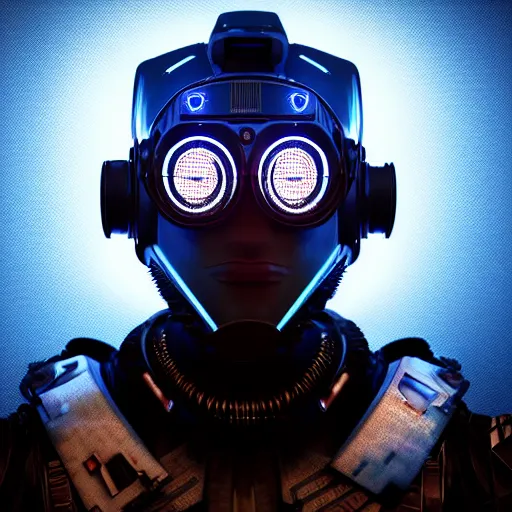 Prompt: photoreal portrait of a futuristic intricate angry robot, intricate malfunctioning circuits, glittering light leaks, electromagnetic waves, blue glowing agressive led eyes, wearing a very intricate wwii combat flight mask and goggles, octane render, trending on artstation