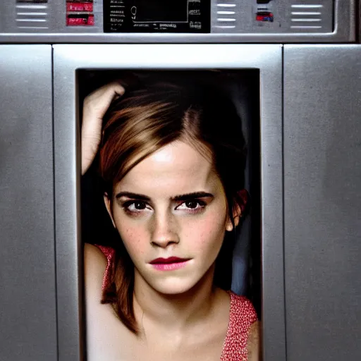 Prompt: Emma Watson emerging from a microwave