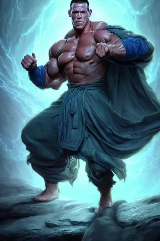 Image similar to full body portrait of john cena as a buff sorcerer casting a magical spell, tattered robe, by wlop and peter mohrbacher, dramatic action pose, extremely detailed shading, sharply focused, concept art, digital painting, trending on artstation, unreal engine 5, octane render, atmosphere, glow, cinematic lighting, full of color