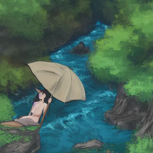 Prompt: a person with goat legs lounging next to a river with one finger in the water in the forest, digital painting, fantasy, studio ghibli environment, overhead canopy