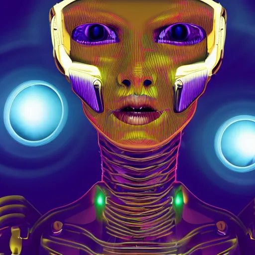 Prompt: retrofuturistic digital portrait of a cyborg mummy with death ray eyes with a distorted background, high detail