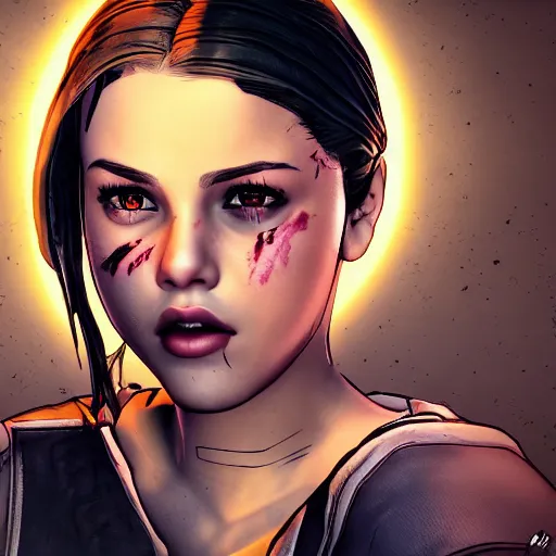 Image similar to selena gomez portrait, borderlands, tales from the borderlands, the wolf among us, comic, cinematic lighting, studio quality, 8 k