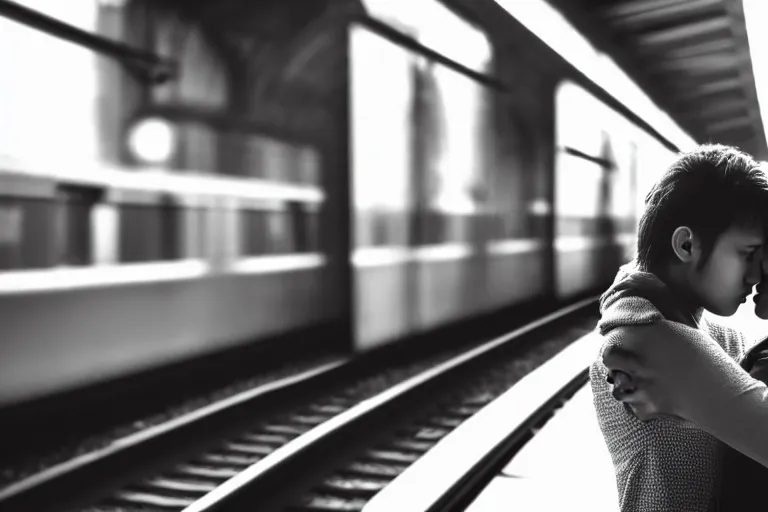 Image similar to vfx film closeup couple in a train station flat color profile low - key lighting award winning photography arri alexa cinematography, cinematic beautiful natural skin, famous face, atmospheric cool color - grade