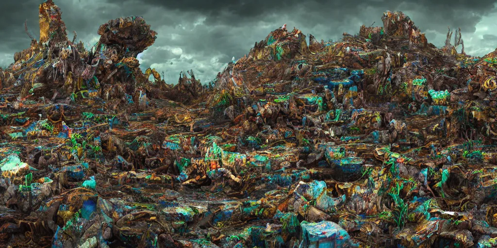 Image similar to ruination, outright devastation, landscape, intricate complexity, horror, rainbow drip paint, psychedelic glitch art, trending on art station, photoreal, 8k, octane render